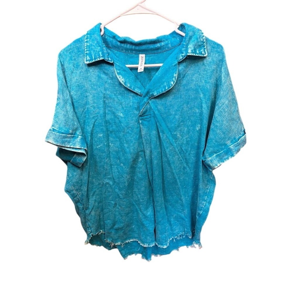 Zenana Women Blue Mineral Wash Polo Shirt Short Sleeve Frayed Hem Top Size M